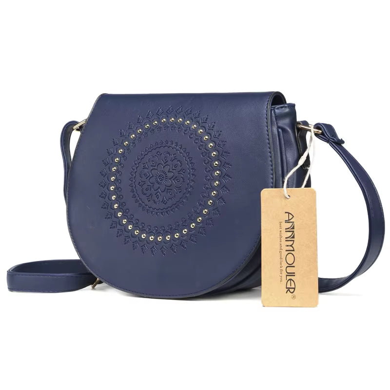 Vintage Crossbody Bag Pu Leather Women Shoulder Bag Floral Embossed Rivet Messenger Bag for Girls Small Handbag