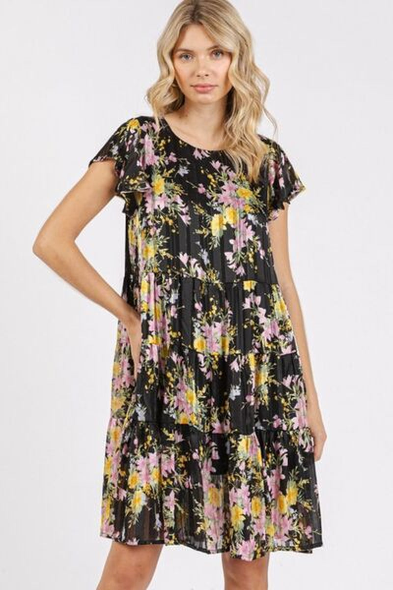 Mittoshop Flower Print round Neck Flutter Sleeve Tiered Dress
