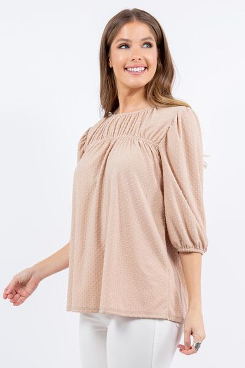 Celeste Full Size Puff Sleeve and Bow Detail Top plus Size