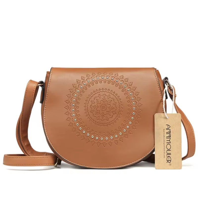 Vintage Crossbody Bag Pu Leather Women Shoulder Bag Floral Embossed Rivet Messenger Bag for Girls Small Handbag