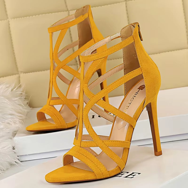 2023 Summer Women Designer 11Cm Fetish High Heels Roman Sandals Flock Yellow Blue Heels Peep Toe Sandals Lady Nightclub Shoes