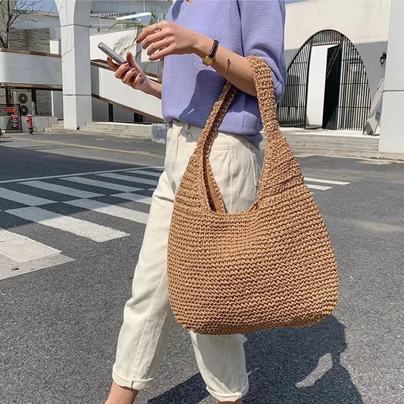 Summer Straw Bag for Women Woven Handmade Handbag Large Capacity Lady Tote Vacation Beach Bag Rattan Shoulder Bag Bolsa