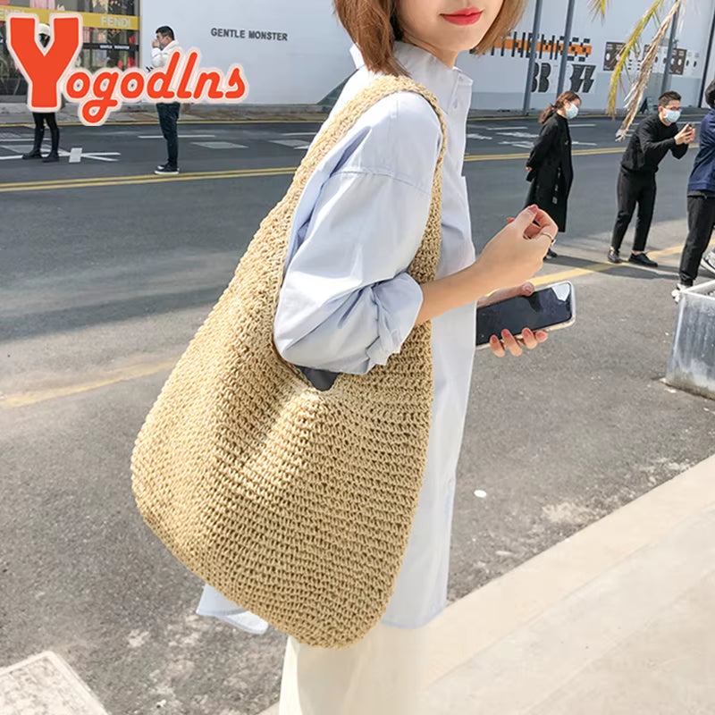 Summer Straw Bag for Women Woven Handmade Handbag Large Capacity Lady Tote Vacation Beach Bag Rattan Shoulder Bag Bolsa