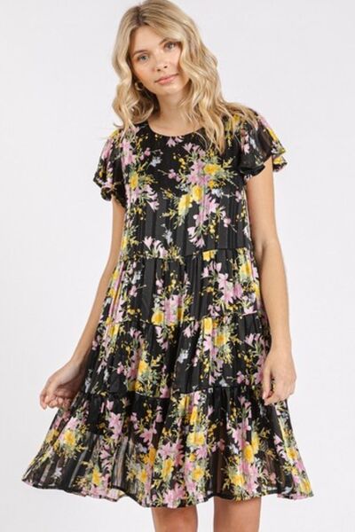 Mittoshop Flower Print round Neck Flutter Sleeve Tiered Dress