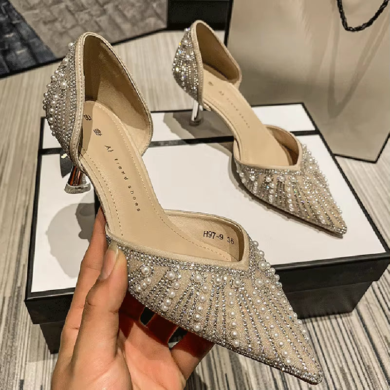 Woman Fashion Shoes Ponted Toe Thin High Heels Crystal Pumps Elegant Style Party Ladies Footwear Autumn Champagne Silver