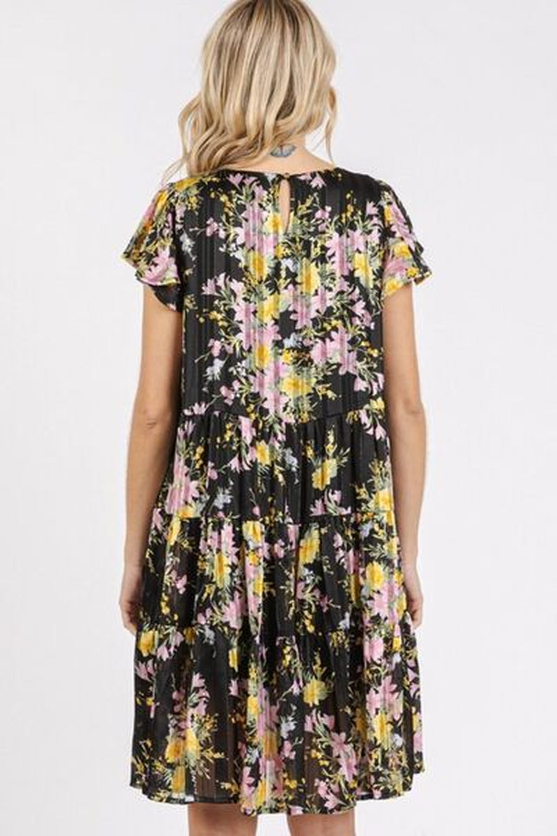 Mittoshop Flower Print round Neck Flutter Sleeve Tiered Dress