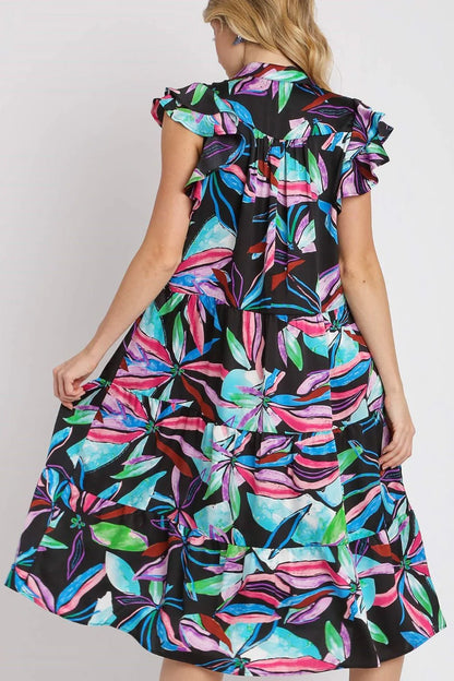Umgee Full Size Leaf Print Double Layered Ruffle Sleeve Tiered Midi Dress plus Size
