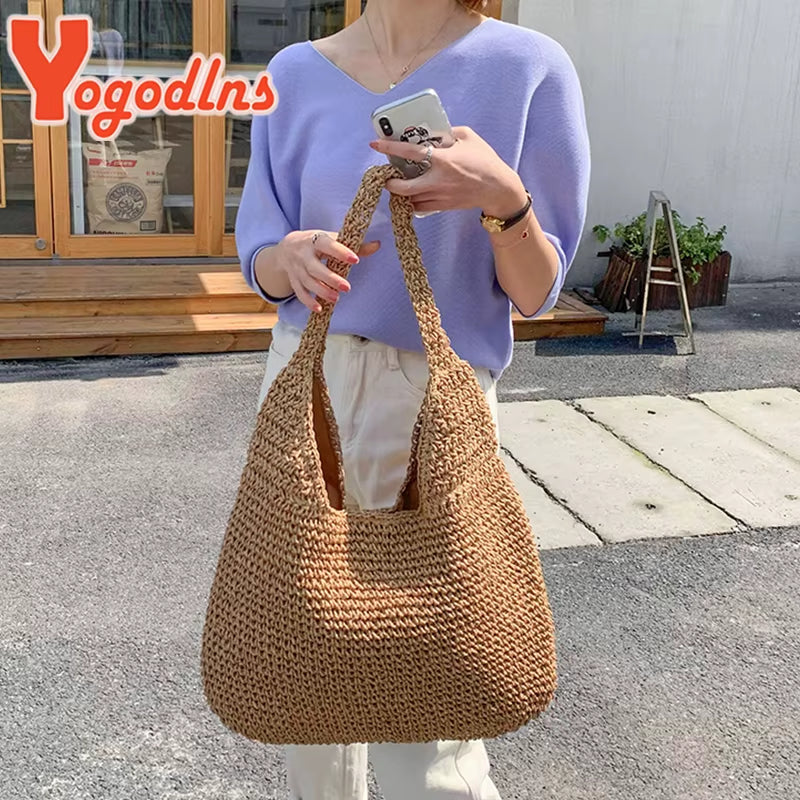 Summer Straw Bag for Women Woven Handmade Handbag Large Capacity Lady Tote Vacation Beach Bag Rattan Shoulder Bag Bolsa