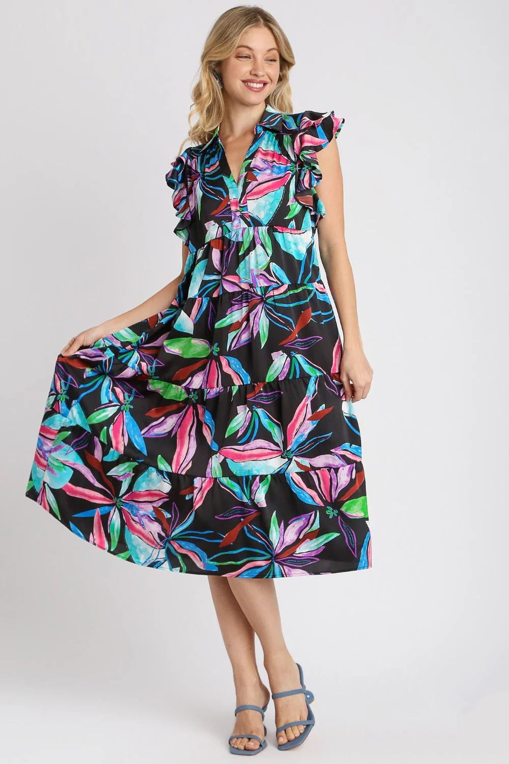 Umgee Full Size Leaf Print Double Layered Ruffle Sleeve Tiered Midi Dress plus Size