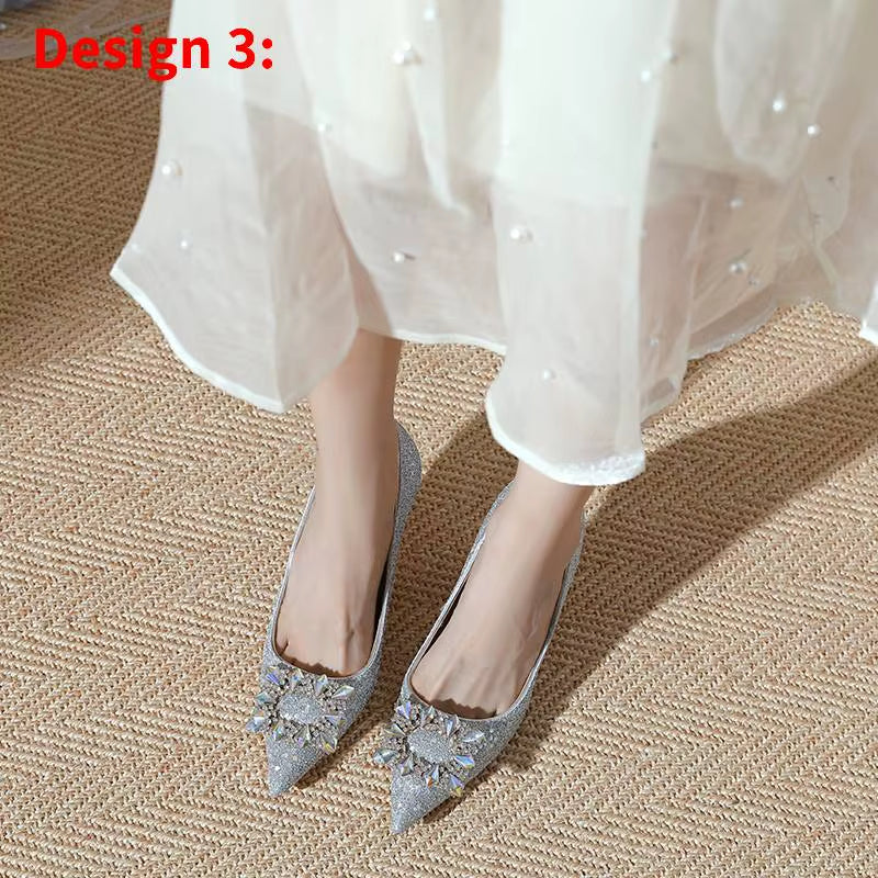 Woman Fashion Shoes Ponted Toe Thin High Heels Crystal Pumps Elegant Style Party Ladies Footwear Autumn Champagne Silver