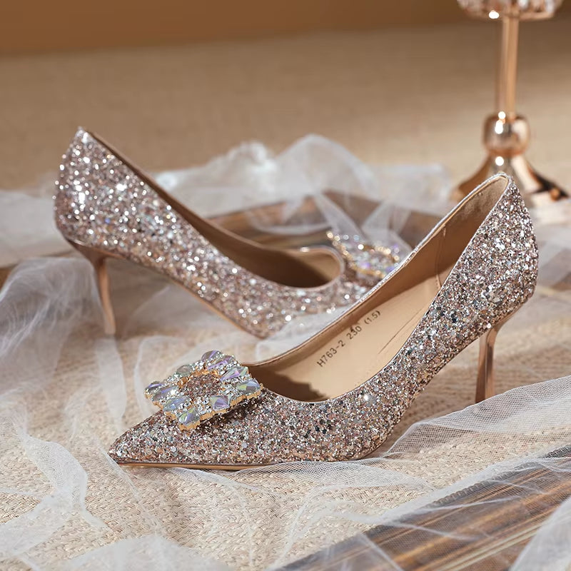 Woman Fashion Shoes Ponted Toe Thin High Heels Crystal Pumps Elegant Style Party Ladies Footwear Autumn Champagne Silver