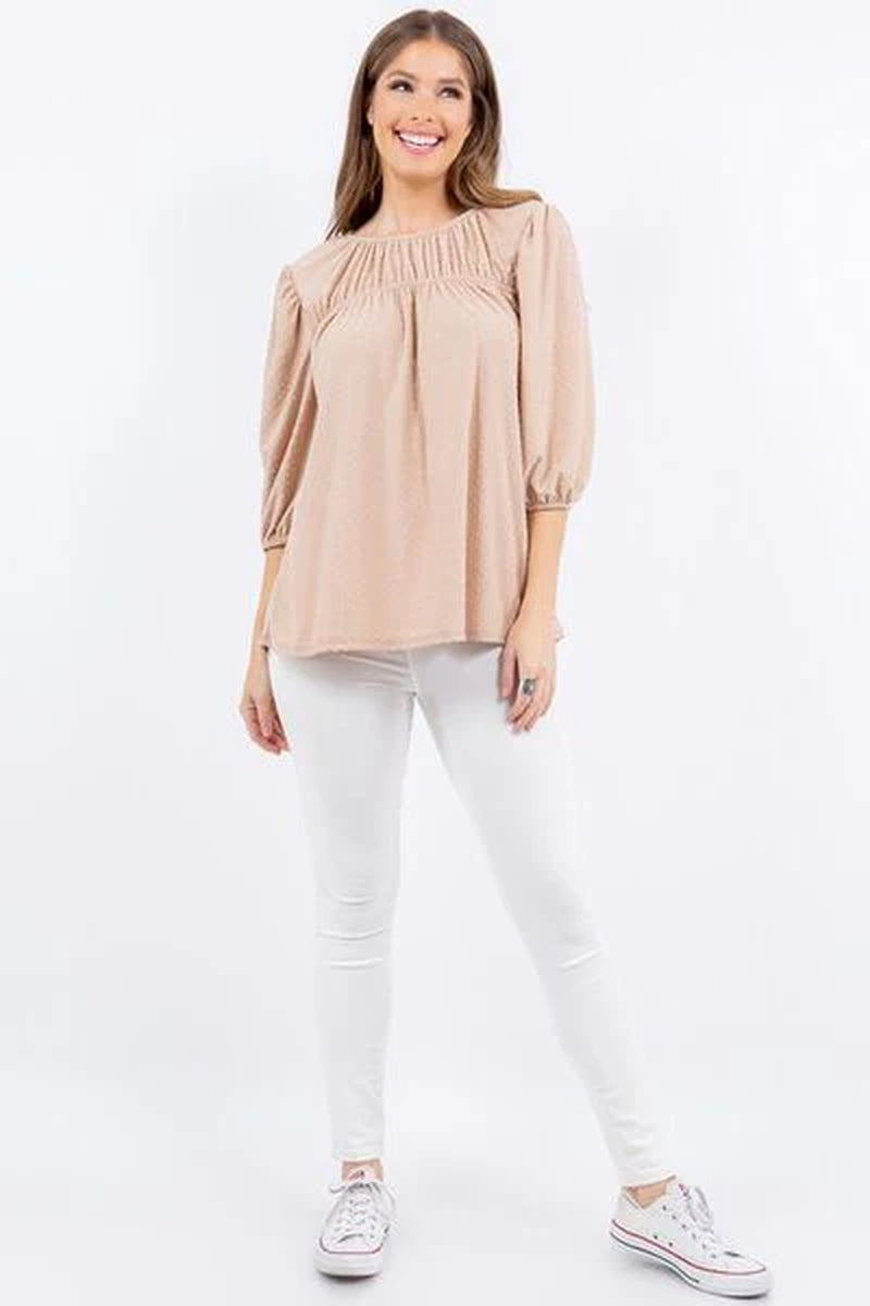 Celeste Full Size Puff Sleeve and Bow Detail Top plus Size
