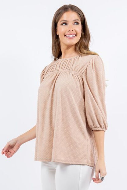 Celeste Full Size Puff Sleeve and Bow Detail Top plus Size