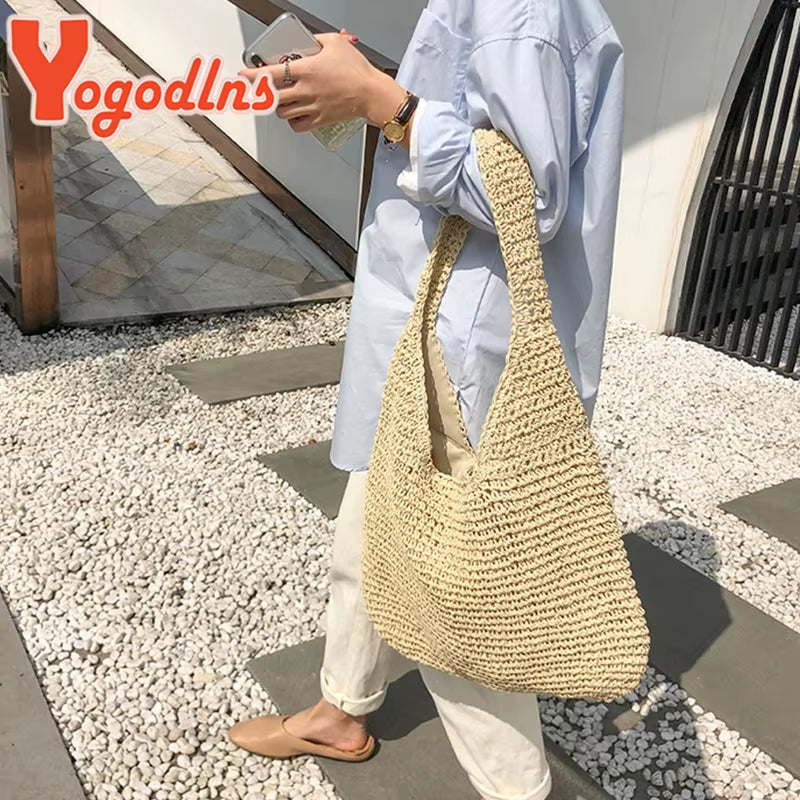 Summer Straw Bag for Women Woven Handmade Handbag Large Capacity Lady Tote Vacation Beach Bag Rattan Shoulder Bag Bolsa
