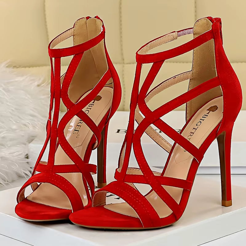 2023 Summer Women Designer 11Cm Fetish High Heels Roman Sandals Flock Yellow Blue Heels Peep Toe Sandals Lady Nightclub Shoes