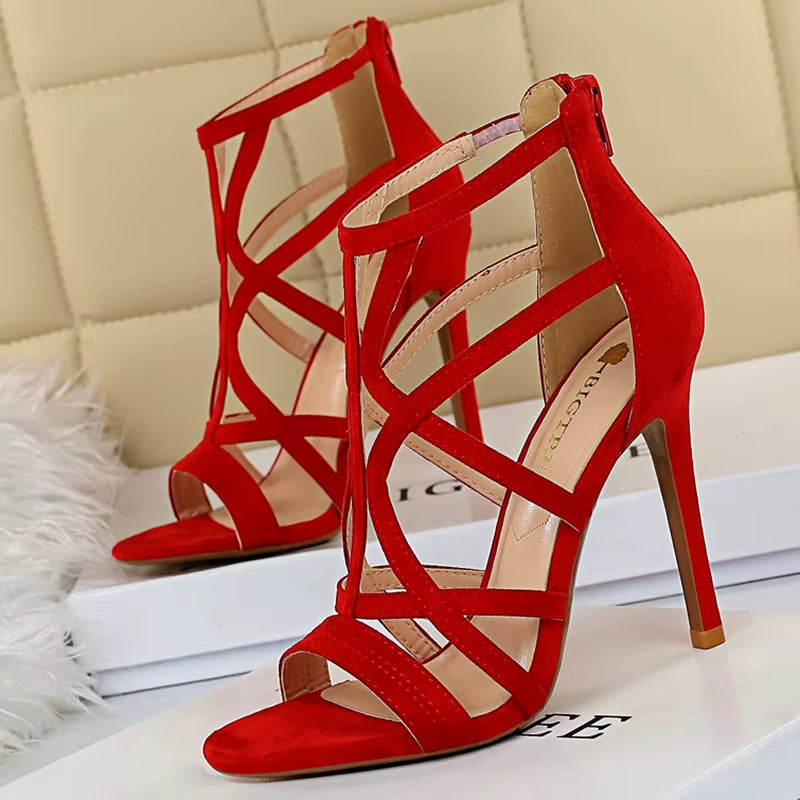 2023 Summer Women Designer 11Cm Fetish High Heels Roman Sandals Flock Yellow Blue Heels Peep Toe Sandals Lady Nightclub Shoes