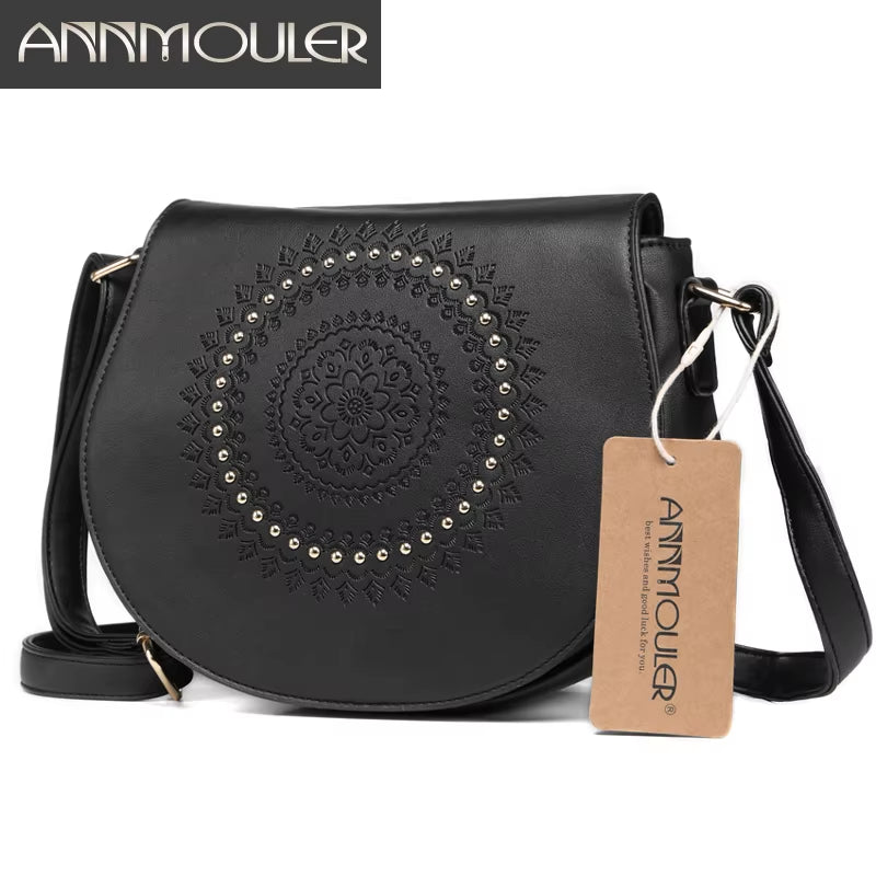 Vintage Crossbody Bag Pu Leather Women Shoulder Bag Floral Embossed Rivet Messenger Bag for Girls Small Handbag
