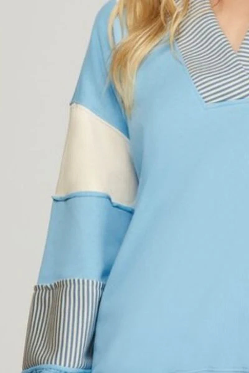 She + Sky Full Size Color Block Sleeve Johnny Collar French Terry Sweatshirt plus Size