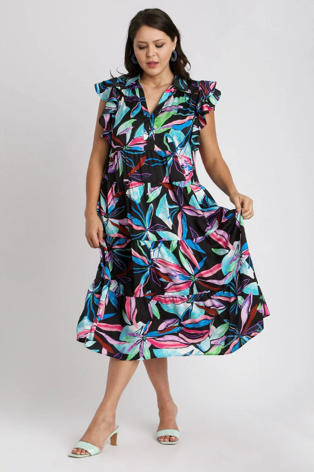 Umgee Full Size Leaf Print Double Layered Ruffle Sleeve Tiered Midi Dress plus Size