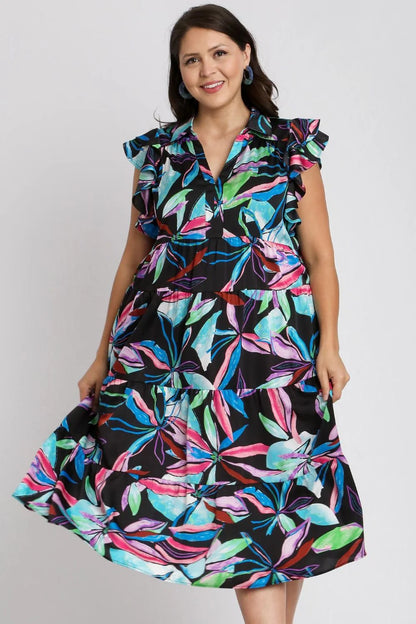 Umgee Full Size Leaf Print Double Layered Ruffle Sleeve Tiered Midi Dress plus Size