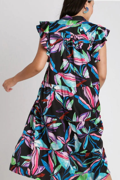 Umgee Full Size Leaf Print Double Layered Ruffle Sleeve Tiered Midi Dress plus Size