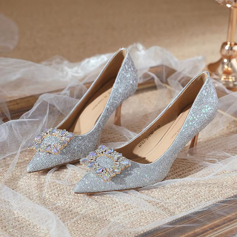 Woman Fashion Shoes Ponted Toe Thin High Heels Crystal Pumps Elegant Style Party Ladies Footwear Autumn Champagne Silver