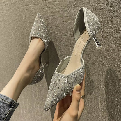 Woman Fashion Shoes Ponted Toe Thin High Heels Crystal Pumps Elegant Style Party Ladies Footwear Autumn Champagne Silver
