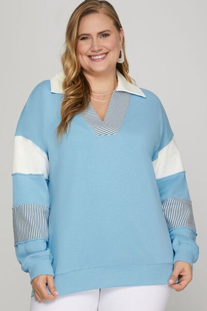 She + Sky Full Size Color Block Sleeve Johnny Collar French Terry Sweatshirt plus Size
