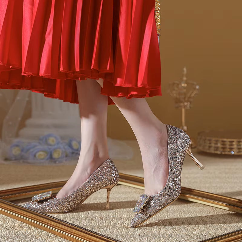 Woman Fashion Shoes Ponted Toe Thin High Heels Crystal Pumps Elegant Style Party Ladies Footwear Autumn Champagne Silver