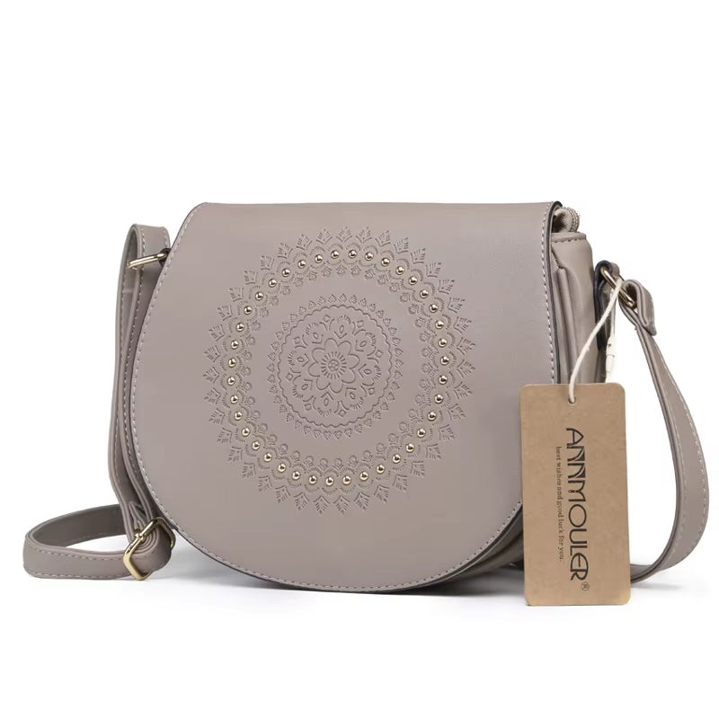 Vintage Crossbody Bag Pu Leather Women Shoulder Bag Floral Embossed Rivet Messenger Bag for Girls Small Handbag