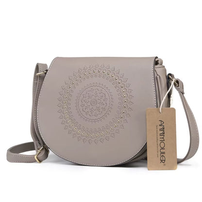 Vintage Crossbody Bag Pu Leather Women Shoulder Bag Floral Embossed Rivet Messenger Bag for Girls Small Handbag