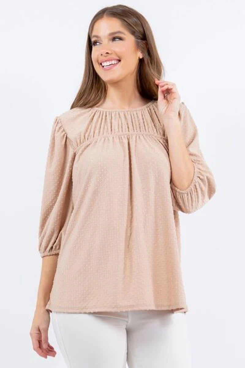 Celeste Full Size Puff Sleeve and Bow Detail Top plus Size