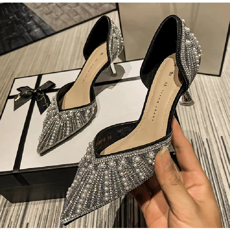 Woman Fashion Shoes Ponted Toe Thin High Heels Crystal Pumps Elegant Style Party Ladies Footwear Autumn Champagne Silver