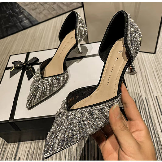 Woman Fashion Shoes Ponted Toe Thin High Heels Crystal Pumps Elegant Style Party Ladies Footwear Autumn Champagne Silver