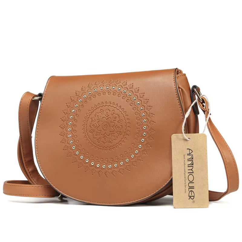 Vintage Crossbody Bag Pu Leather Women Shoulder Bag Floral Embossed Rivet Messenger Bag for Girls Small Handbag