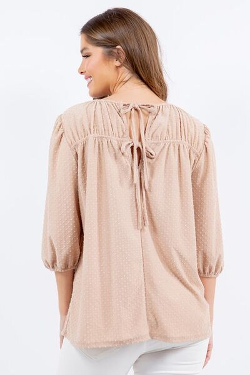 Celeste Full Size Puff Sleeve and Bow Detail Top plus Size
