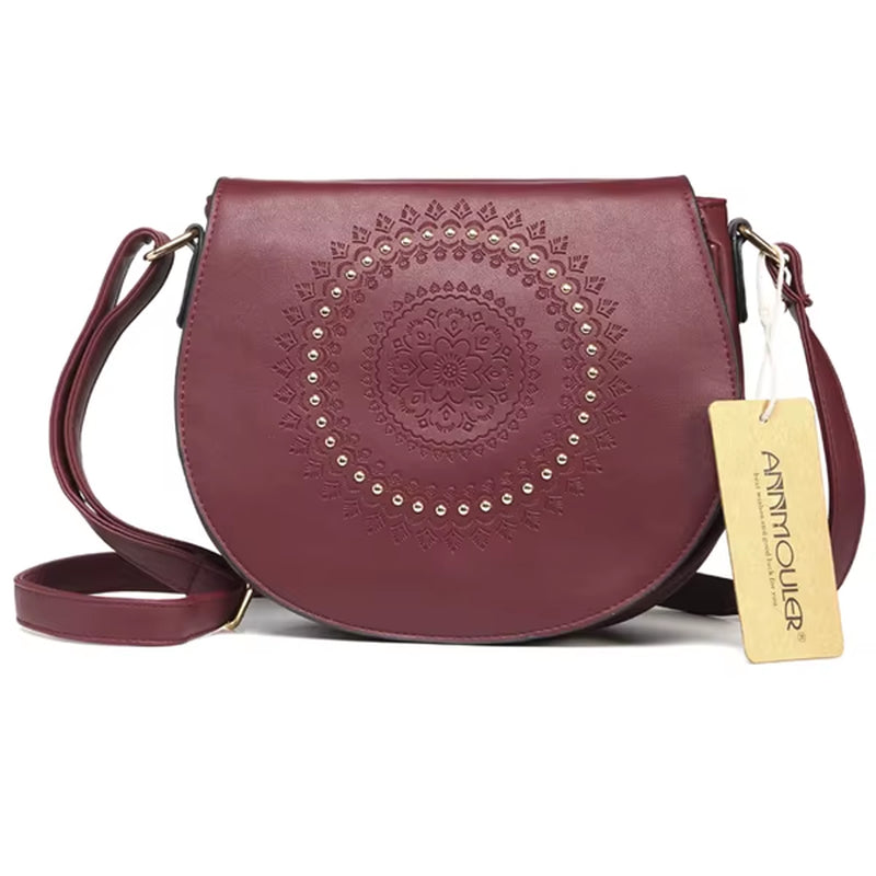 Vintage Crossbody Bag Pu Leather Women Shoulder Bag Floral Embossed Rivet Messenger Bag for Girls Small Handbag