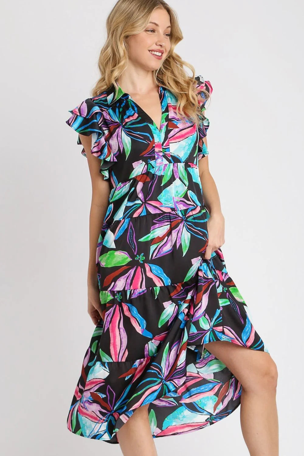 Umgee Full Size Leaf Print Double Layered Ruffle Sleeve Tiered Midi Dress plus Size