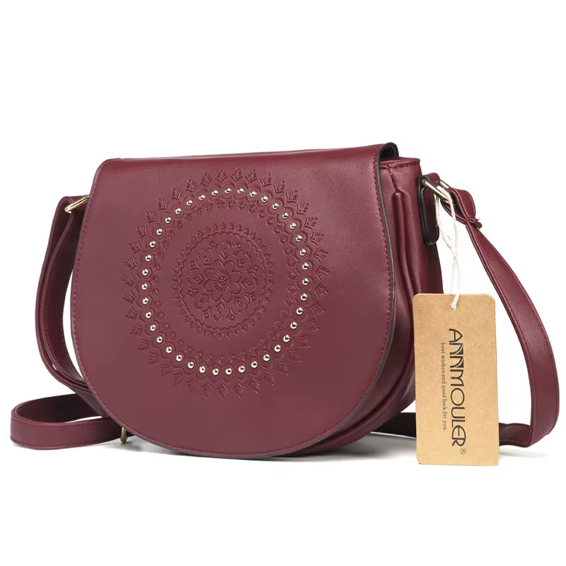 Vintage Crossbody Bag Pu Leather Women Shoulder Bag Floral Embossed Rivet Messenger Bag for Girls Small Handbag