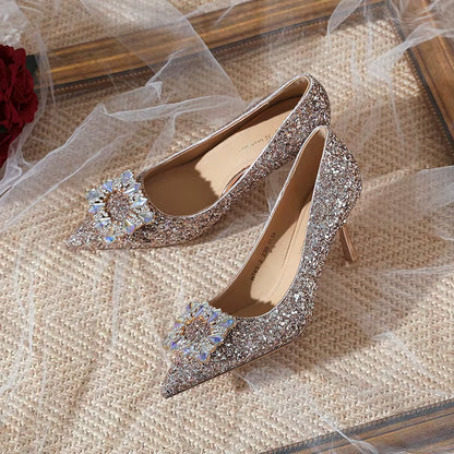 Woman Fashion Shoes Ponted Toe Thin High Heels Crystal Pumps Elegant Style Party Ladies Footwear Autumn Champagne Silver