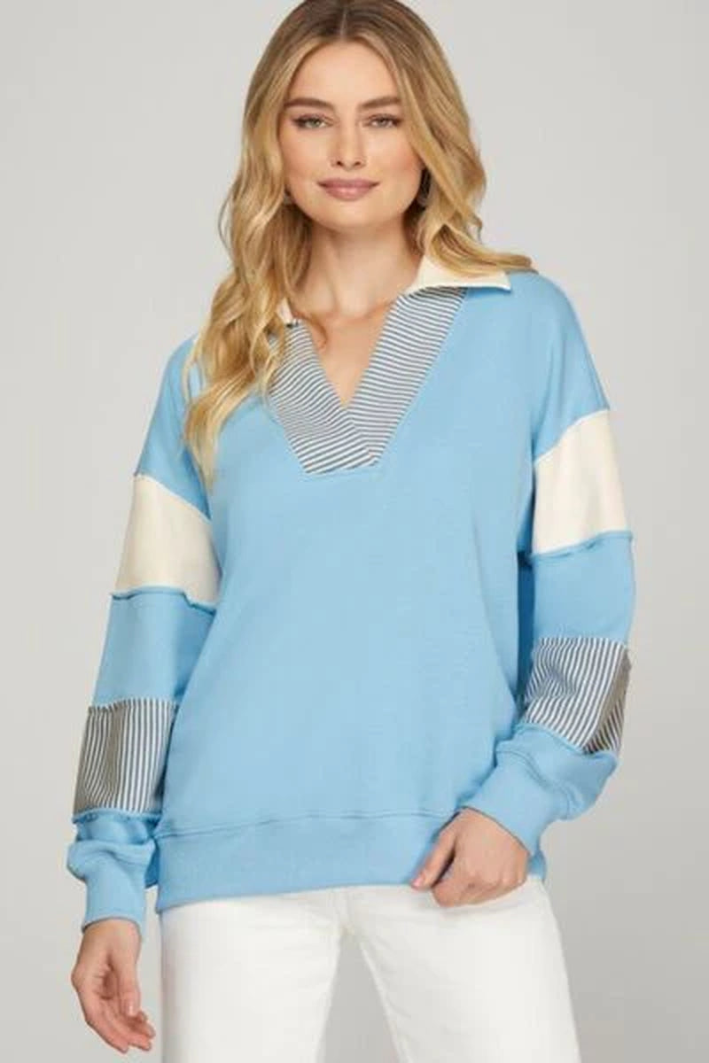 She + Sky Full Size Color Block Sleeve Johnny Collar French Terry Sweatshirt plus Size