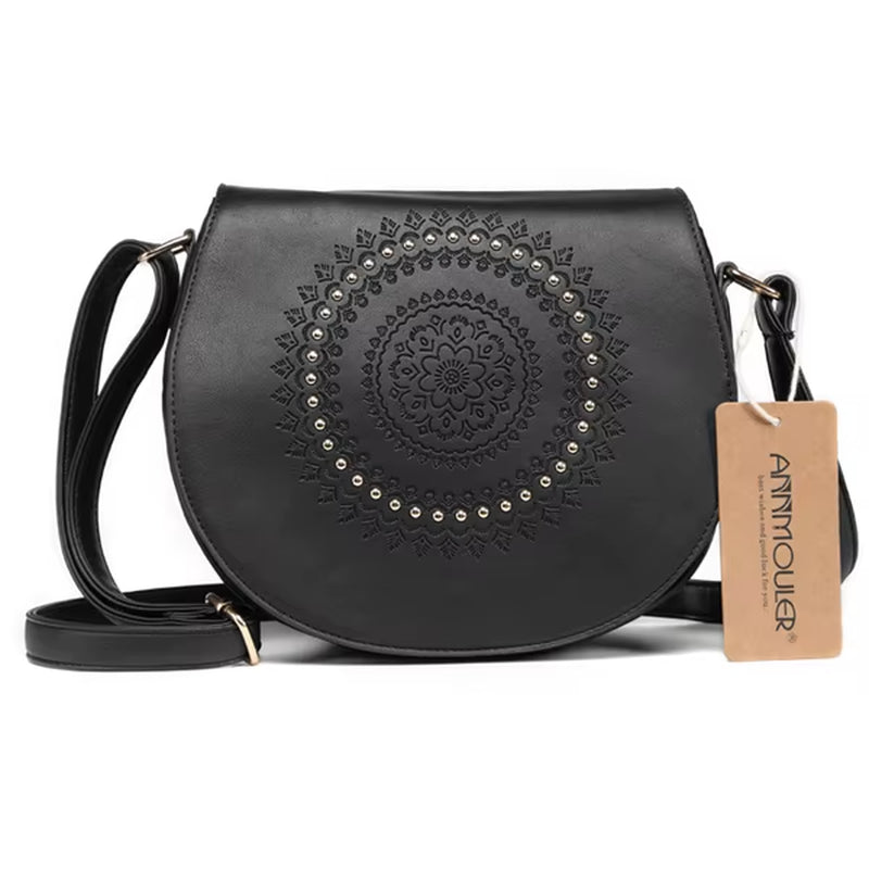 Vintage Crossbody Bag Pu Leather Women Shoulder Bag Floral Embossed Rivet Messenger Bag for Girls Small Handbag