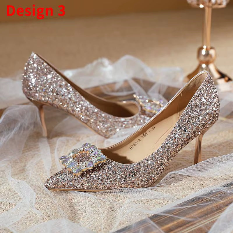 Woman Fashion Shoes Ponted Toe Thin High Heels Crystal Pumps Elegant Style Party Ladies Footwear Autumn Champagne Silver