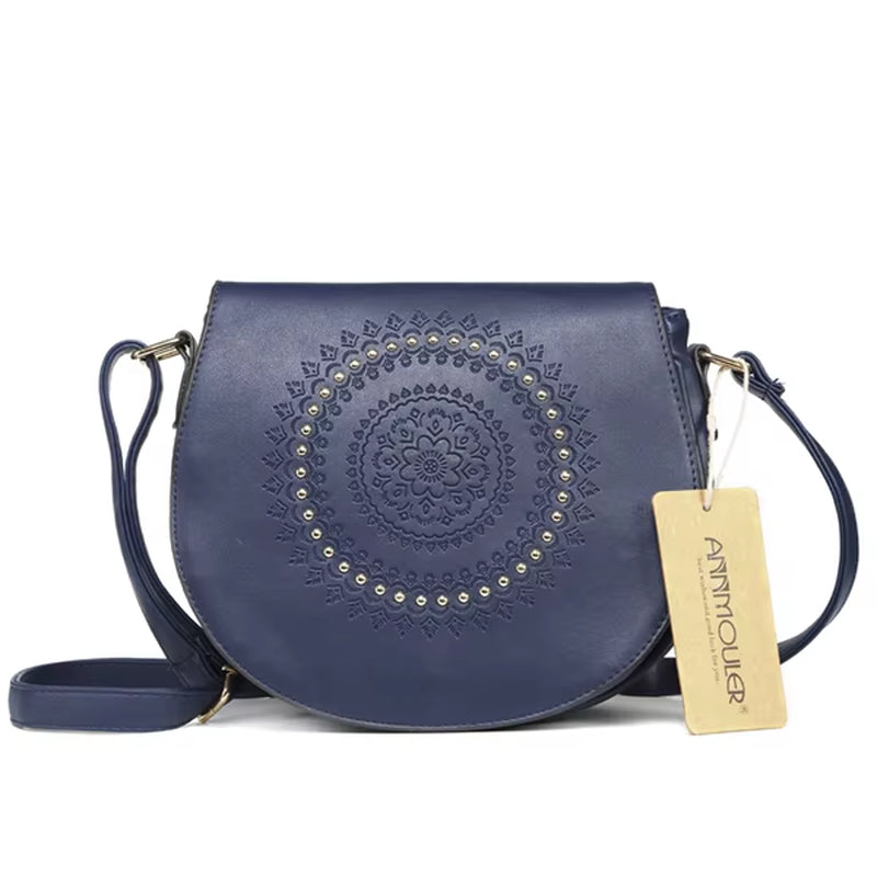 Vintage Crossbody Bag Pu Leather Women Shoulder Bag Floral Embossed Rivet Messenger Bag for Girls Small Handbag