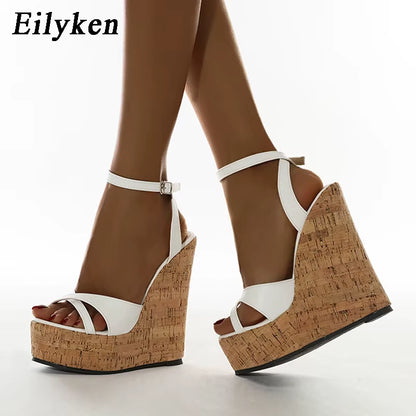 Summer White Women'S High Heels Hollow Out Sandals Platform Buckle Wedges Front Open Toe Ladies Shoes Size 35-42